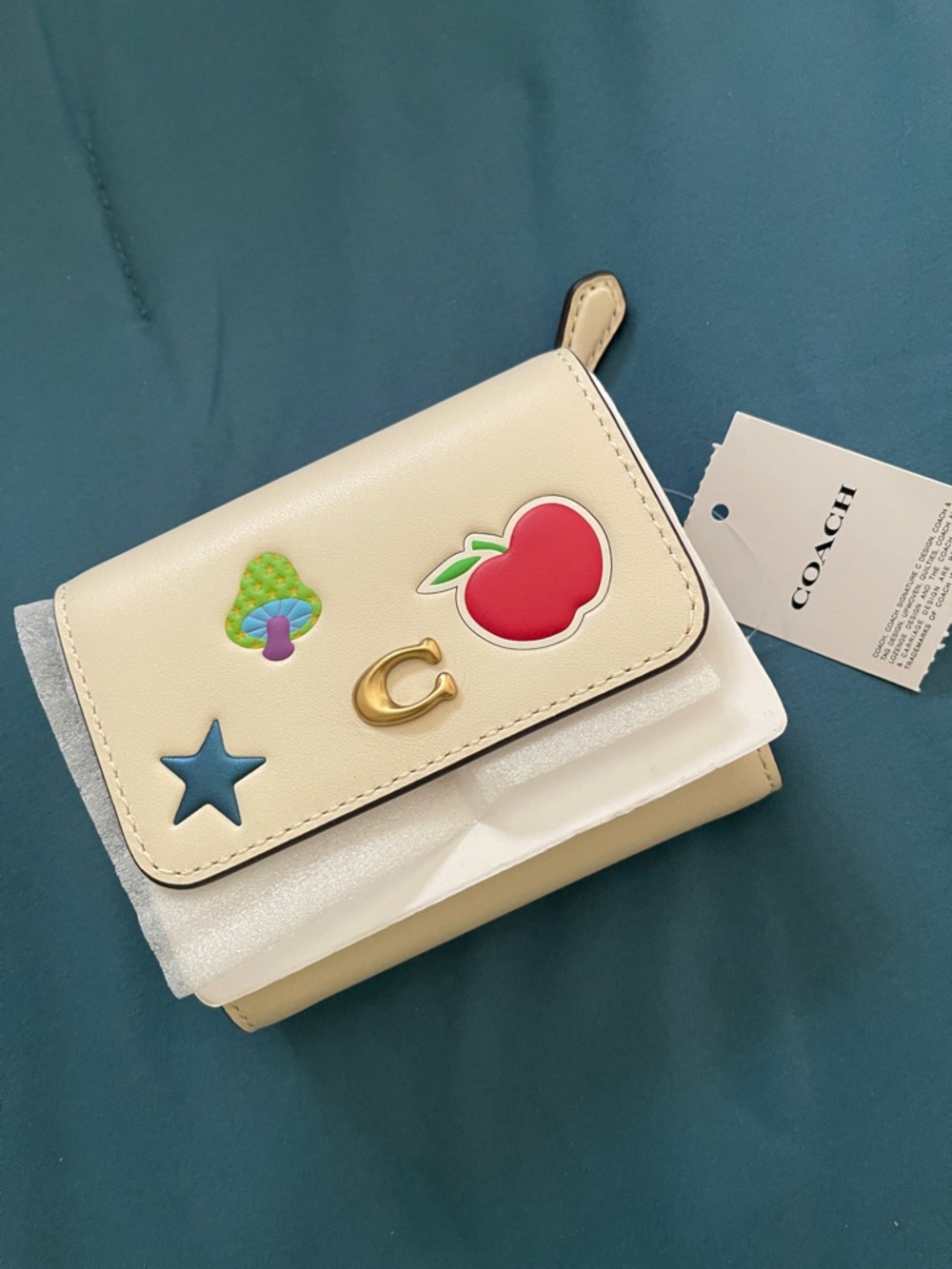Coach Cream Leather Wallet with Colorful Patch Accents